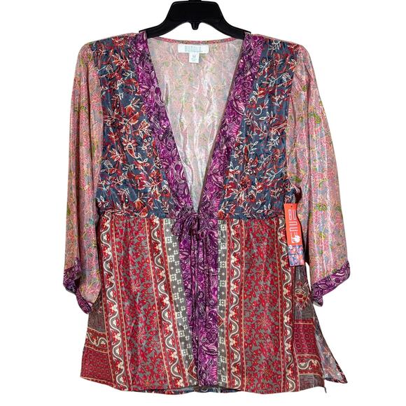 NWT Bunulu Medium Silky Short Robe Multicolored Open With Double Tie Waist - Picture 1 of 6